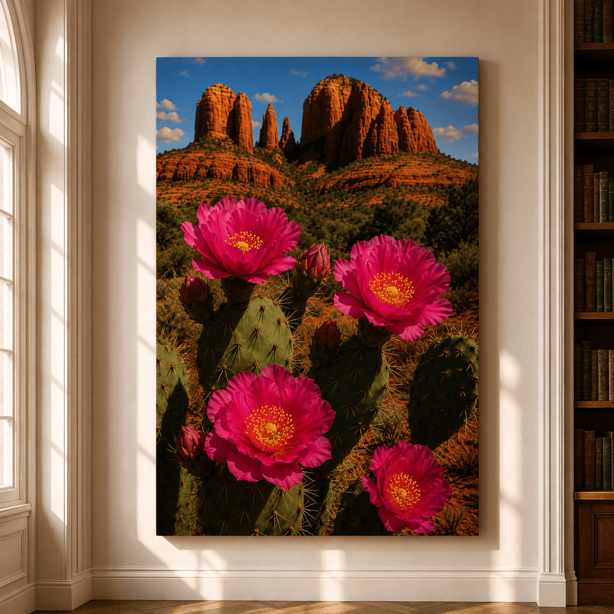 Pink Prickly Pear Cactus Flowers Wrapped Canvas Wall Art – Southwest Desert Landscape Print - ART OF ROYALS