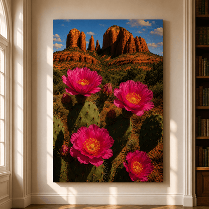 Pink Prickly Pear Cactus Flowers Wrapped Canvas Wall Art – Southwest Desert Landscape Print - ART OF ROYALS
