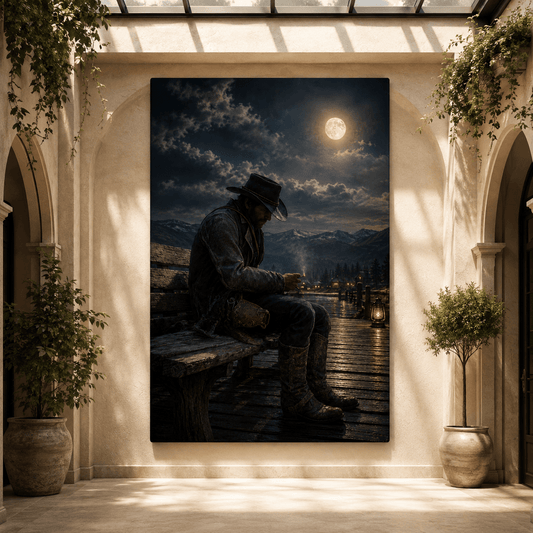 Lonely Cowboy Under Full Moon Wrapped Canvas Wall Art – Western Mountain Night Ranch Print - ART OF ROYALS