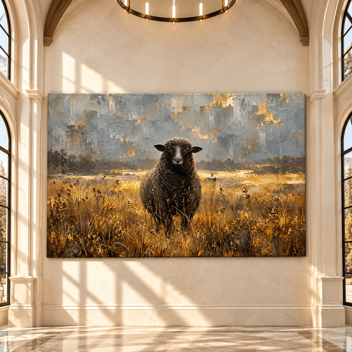 Black Sheep in Golden Meadow Wrapped Canvas Wall Art – Modern Rustic Farmhouse Painting - ART OF ROYALS