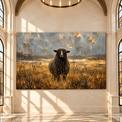 Black Sheep in Golden Meadow Wrapped Canvas Wall Art – Modern Rustic Farmhouse Painting - ART OF ROYALS