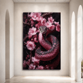 Pink Cherry Blossom Snake Wrapped Canvas Wall Art – Moody Floral Serpent Oil Painting Print