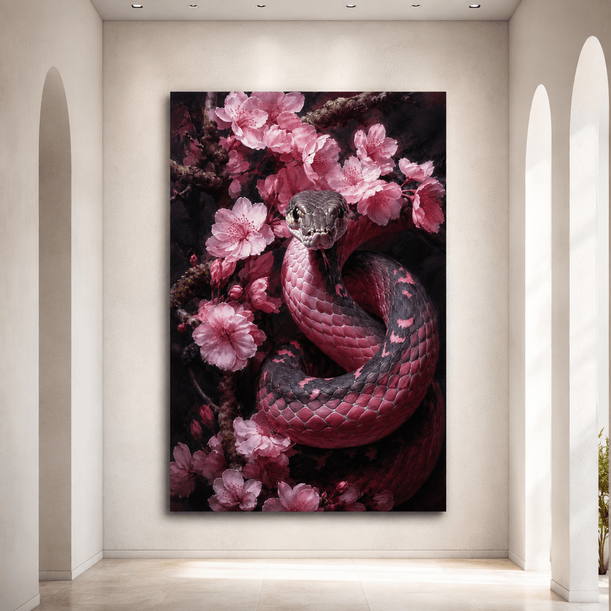 Pink Cherry Blossom Snake Wrapped Canvas Wall Art – Moody Floral Serpent Oil Painting Print - ART OF ROYALS