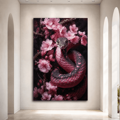 Pink Cherry Blossom Snake Wrapped Canvas Wall Art – Moody Floral Serpent Oil Painting Print - ART OF ROYALS