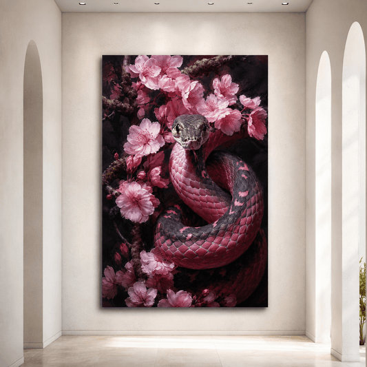 Pink Cherry Blossom Snake Wrapped Canvas Wall Art – Moody Floral Serpent Oil Painting Print - ART OF ROYALS