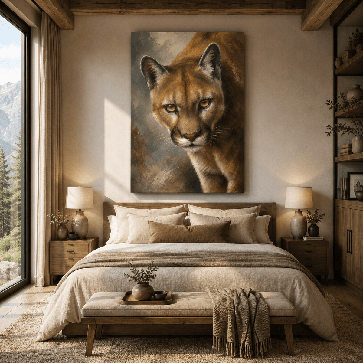 Classical Cougar Portrait Wrapped Canvas Wall Art – Fine Art Oil Painting Print - ART OF ROYALS