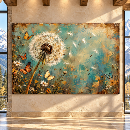 Dandelion & Butterfly Wrapped Canvas Wall Art – Vintage Turquoise Wildflower Painting