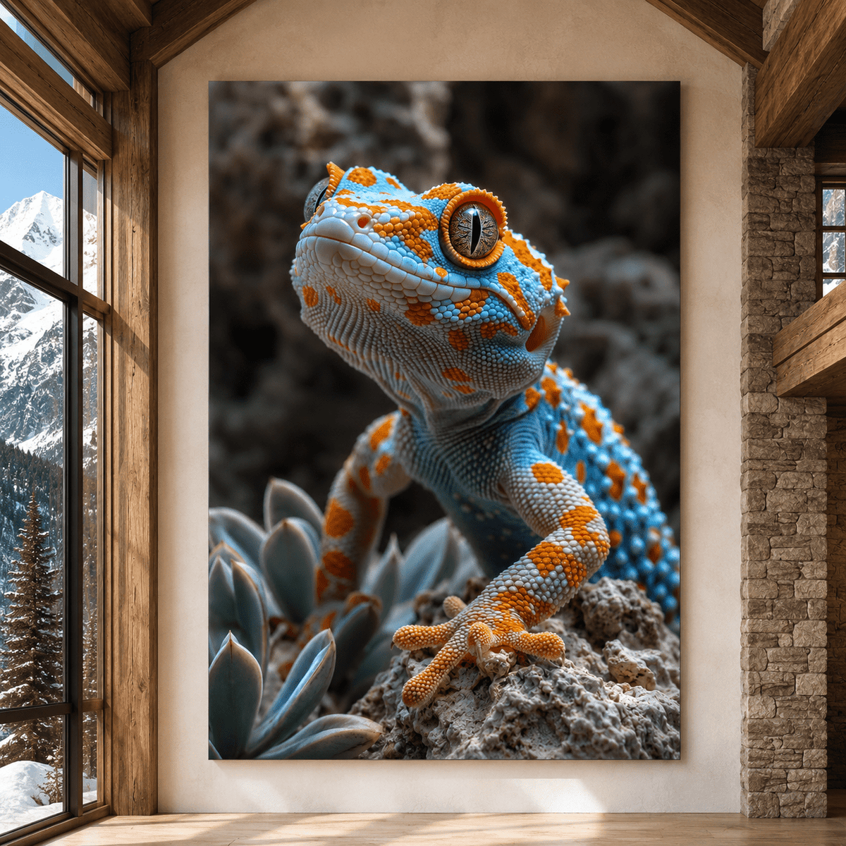 Blue and Orange Gecko Wrapped Canvas Wall Art – Colorful Reptile Close-Up Nature Print - ART OF ROYALS