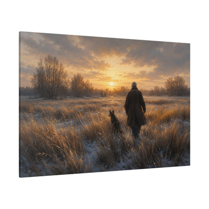 Winter Walk Home – Man and Dog Country Field Canvas Wall Art - ART OF ROYALS