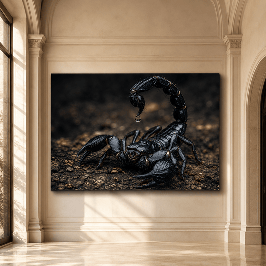 Black Scorpion with Raised Tail Wrapped Canvas Wall Art – Dark Arachnid Wildlife Print - ART OF ROYALS