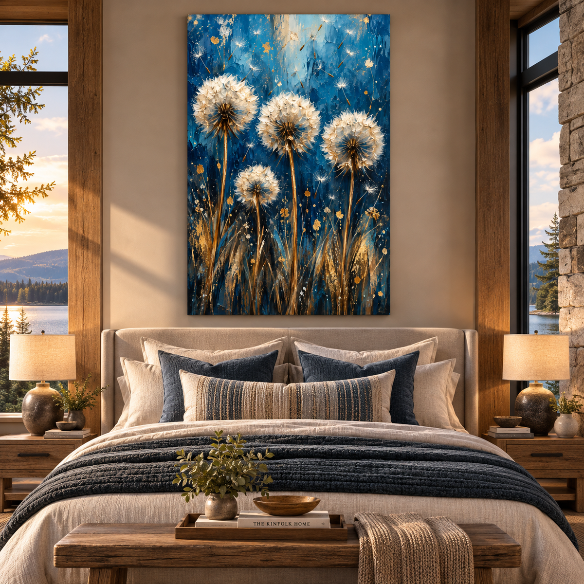 Blue & Gold Dandelion Wrapped Canvas Wall Art – Abstract Botanical Wildflower Painting