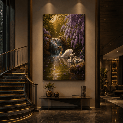 White Swan Family Waterfall Wrapped Canvas Wall Art – Purple Wisteria Pond Nature Print - ART OF ROYALS