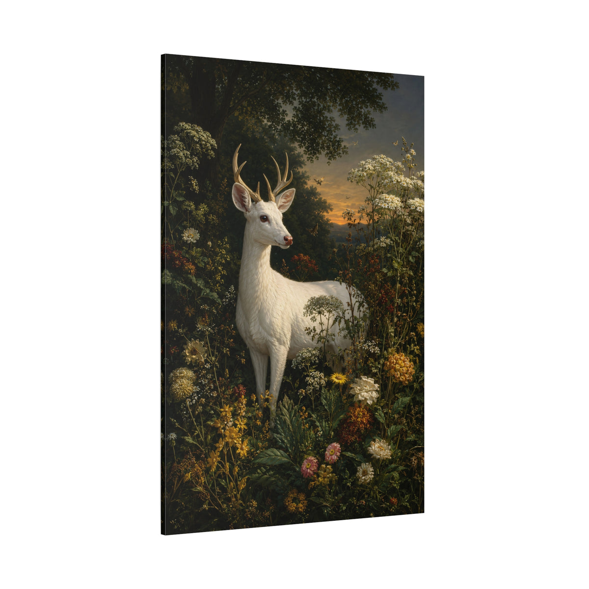White Deer in Wildflower Garden Wrapped Canvas Wall Art – Botanical Fine Art Print - ART OF ROYALS