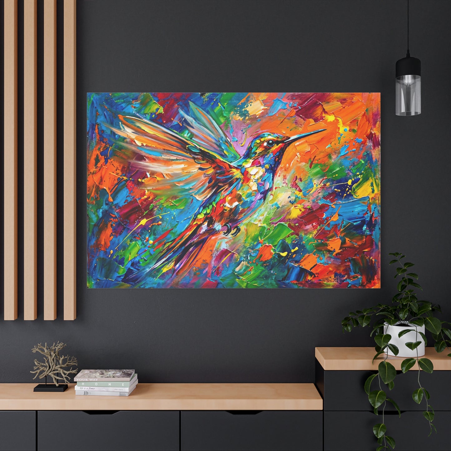 Electric Hummingbird Burst – Abstract Color Splash Canvas Wall Art