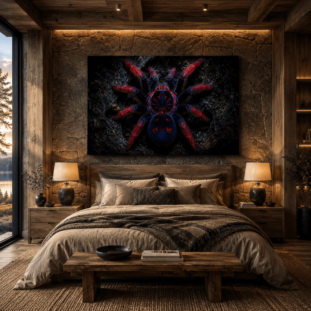 Red and Blue Tarantula Wrapped Canvas Wall Art – Dark Exotic Spider Wildlife Print - ART OF ROYALS