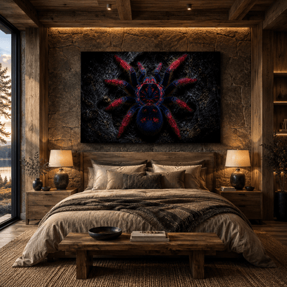 Red and Blue Tarantula Wrapped Canvas Wall Art – Dark Exotic Spider Wildlife Print - ART OF ROYALS