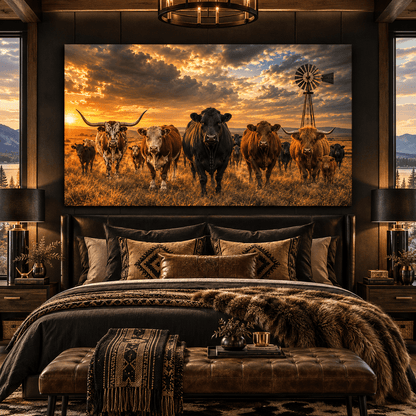Western Cattle Herd at Sunset Wrapped Canvas Wall Art – Longhorn, Highland & Black Angus Ranch Scene - ART OF ROYALS
