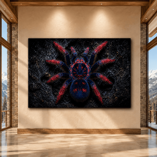 Red and Blue Tarantula Wrapped Canvas Wall Art – Dark Exotic Spider Wildlife Print - ART OF ROYALS