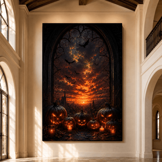 Gothic Halloween Pumpkins Wrapped Canvas Wall Art – Glowing Jack-O'-Lantern Sunset Print - ART OF ROYALS