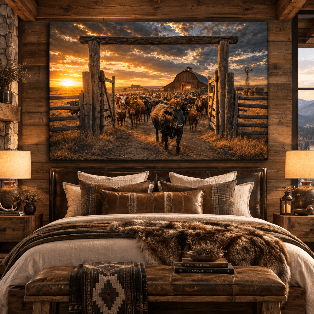 Black Bull Leading Cattle Through Ranch Gate Wrapped Canvas Wall Art – Western Barn Sunset Landscape - ART OF ROYALS