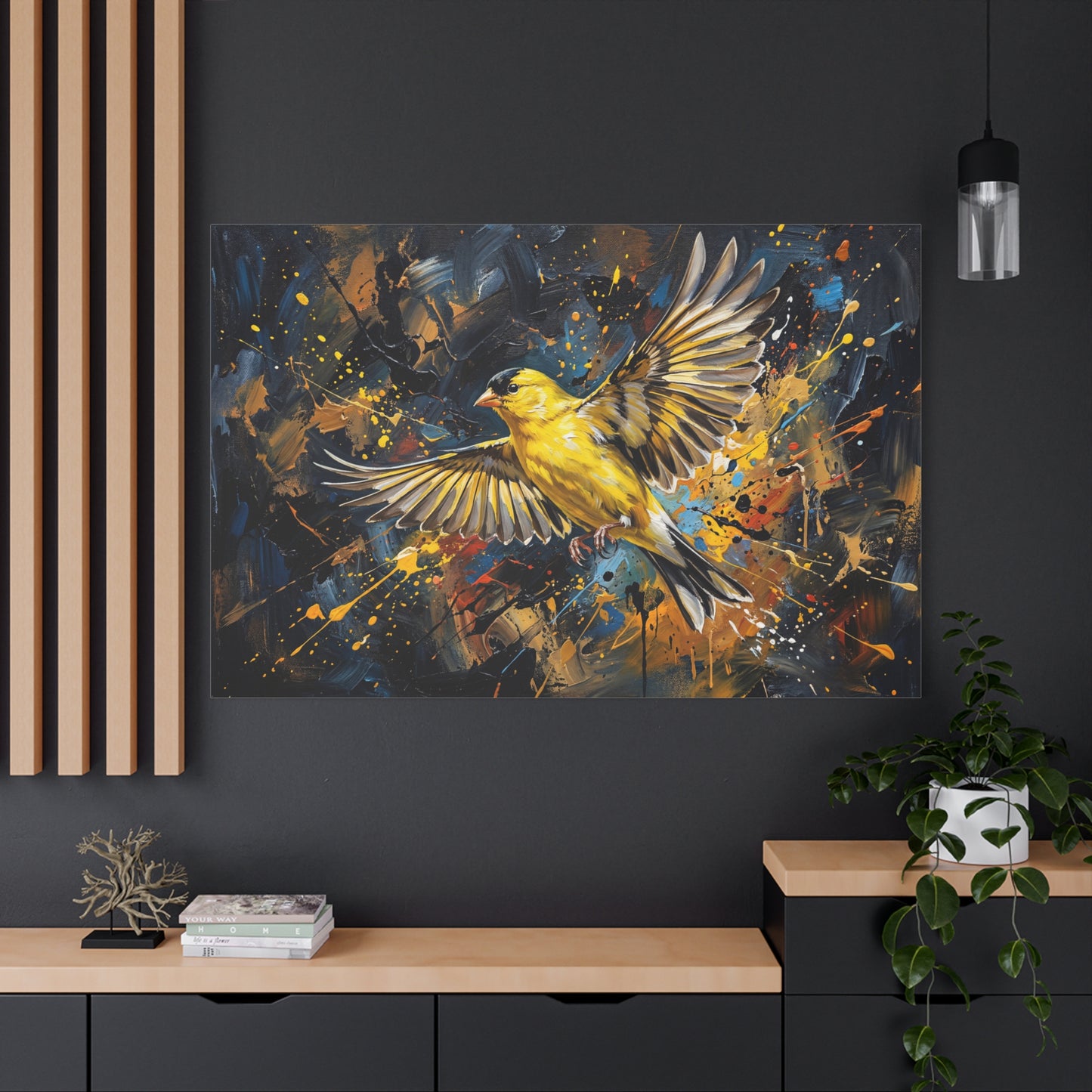 Golden Flight Burst – Abstract Yellow Canary Bird Canvas Wall Art