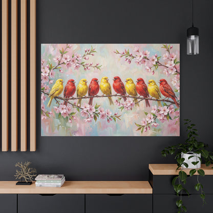 Spring Harmony – Colorful Canary Birds on Blossom Branch Canvas Wall Art