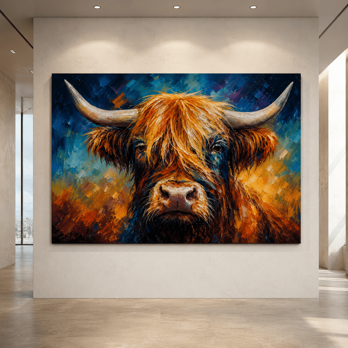Colorful Highland Cow Wrapped Canvas Wall Art – Abstract Long Horn Cattle Portrait Print - ART OF ROYALS