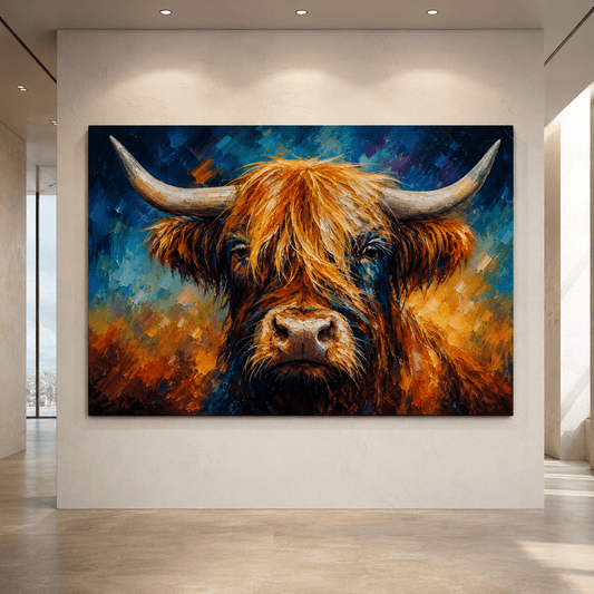Colorful Highland Cow Wrapped Canvas Wall Art – Abstract Long Horn Cattle Portrait Print - ART OF ROYALS