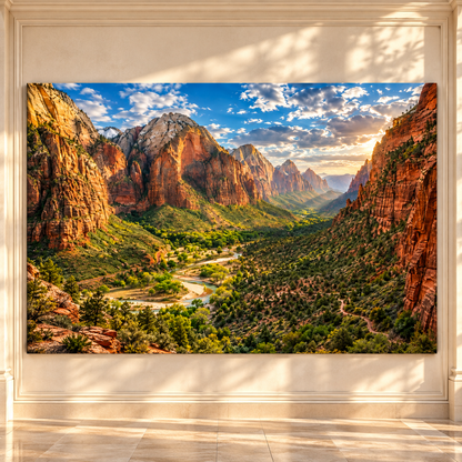Zion Canyon Valley at Golden Sunset Wrapped Canvas Wall Art – Majestic Southwest Mountain Landscape Print - ART OF ROYALS