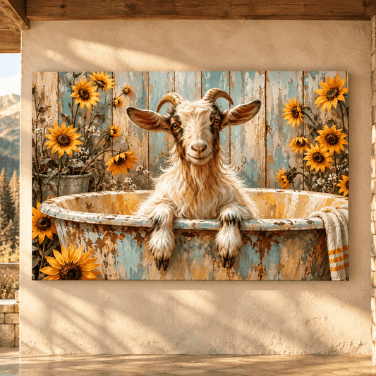 Funny Goat in Vintage Bathtub Wrapped Canvas Wall Art – Rustic Sunflower Farmhouse Bathroom Decor - ART OF ROYALS