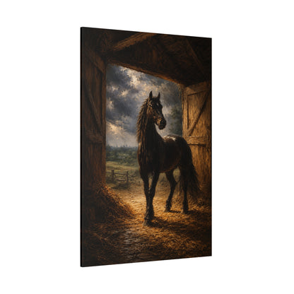Barn Door Stallion – Black Horse Farmhouse Canvas Wall Art - ART OF ROYALS