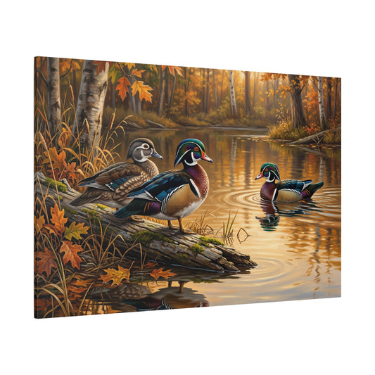 Wood Ducks in Autumn Pond – Serene Nature Wildlife Canvas Wall Art