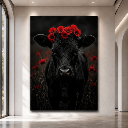 Black Cow with Poppy Flower Crown Wrapped Canvas Wall Art – Moody Floral Portrait Print - ART OF ROYALS