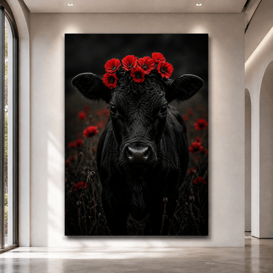 Black Cow with Poppy Flower Crown Wrapped Canvas Wall Art – Moody Floral Portrait Print - ART OF ROYALS