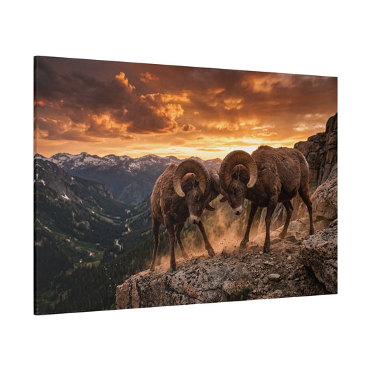 Bighorn Rams Clash at Sunset – Mountain Strength Canvas Wall Art