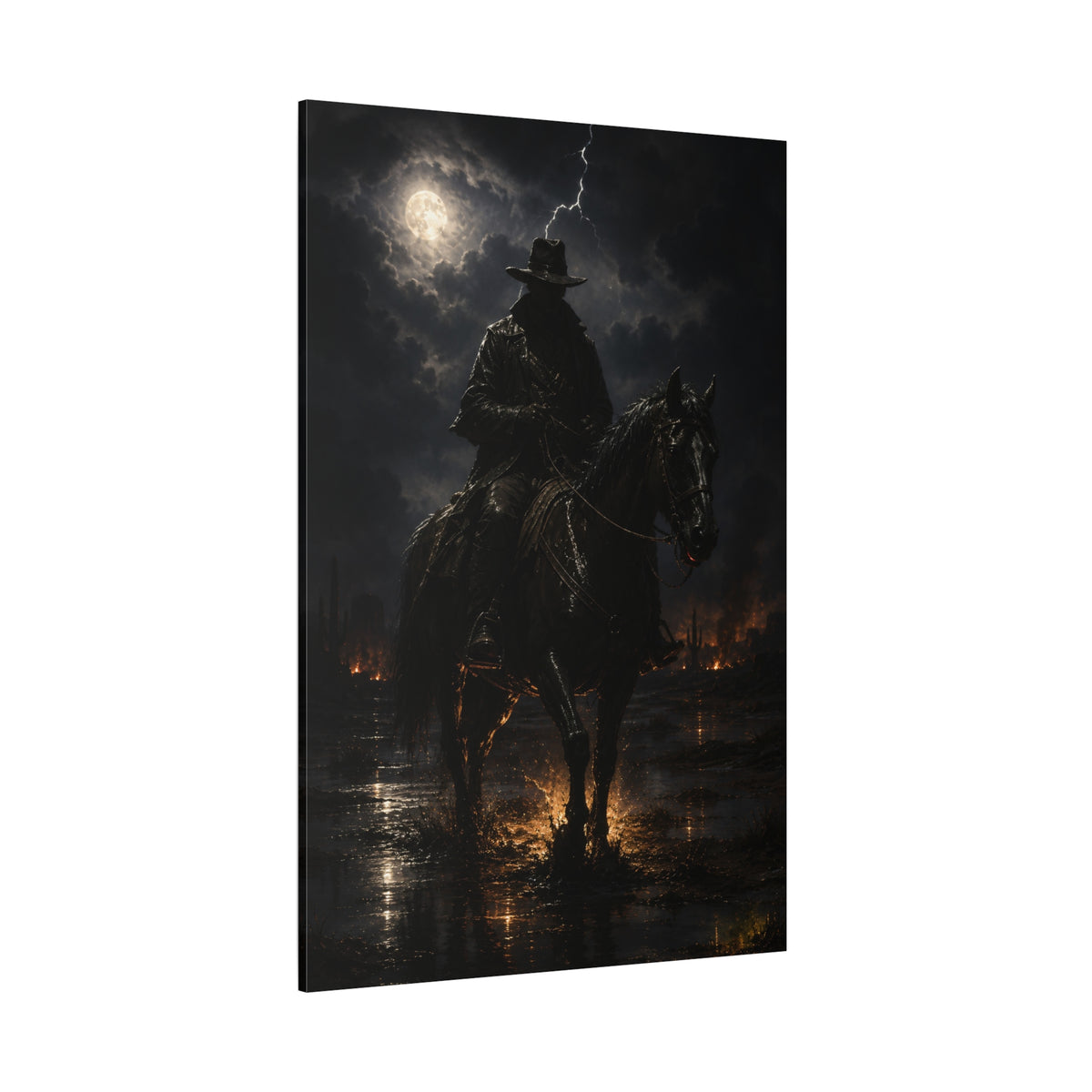 Stormy Night Lone Rider Wrapped Canvas Wall Art – Moody Western Cowboy Horseback Print - ART OF ROYALS