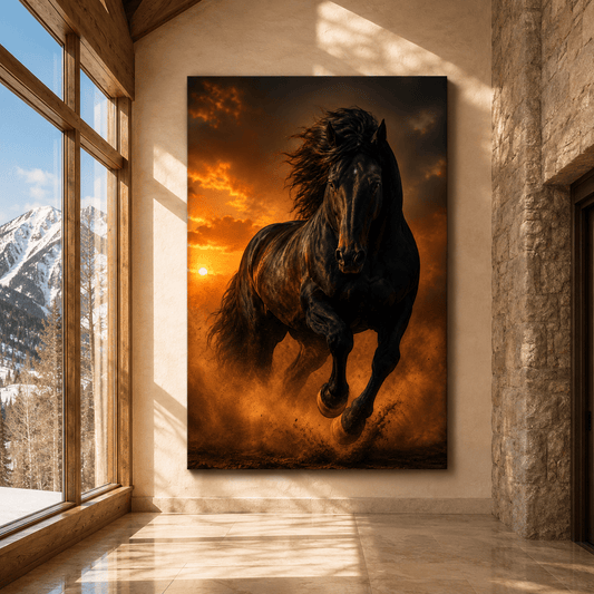 Charging Black Stallion at Sunset Wrapped Canvas Wall Art – Dramatic Western Horse Print - ART OF ROYALS