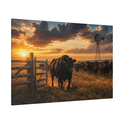 Champion Black Angus Breeder Bull Leading the Herd Wrapped Canvas Wall Art – Ranch Sunset Cattle Print - ART OF ROYALS