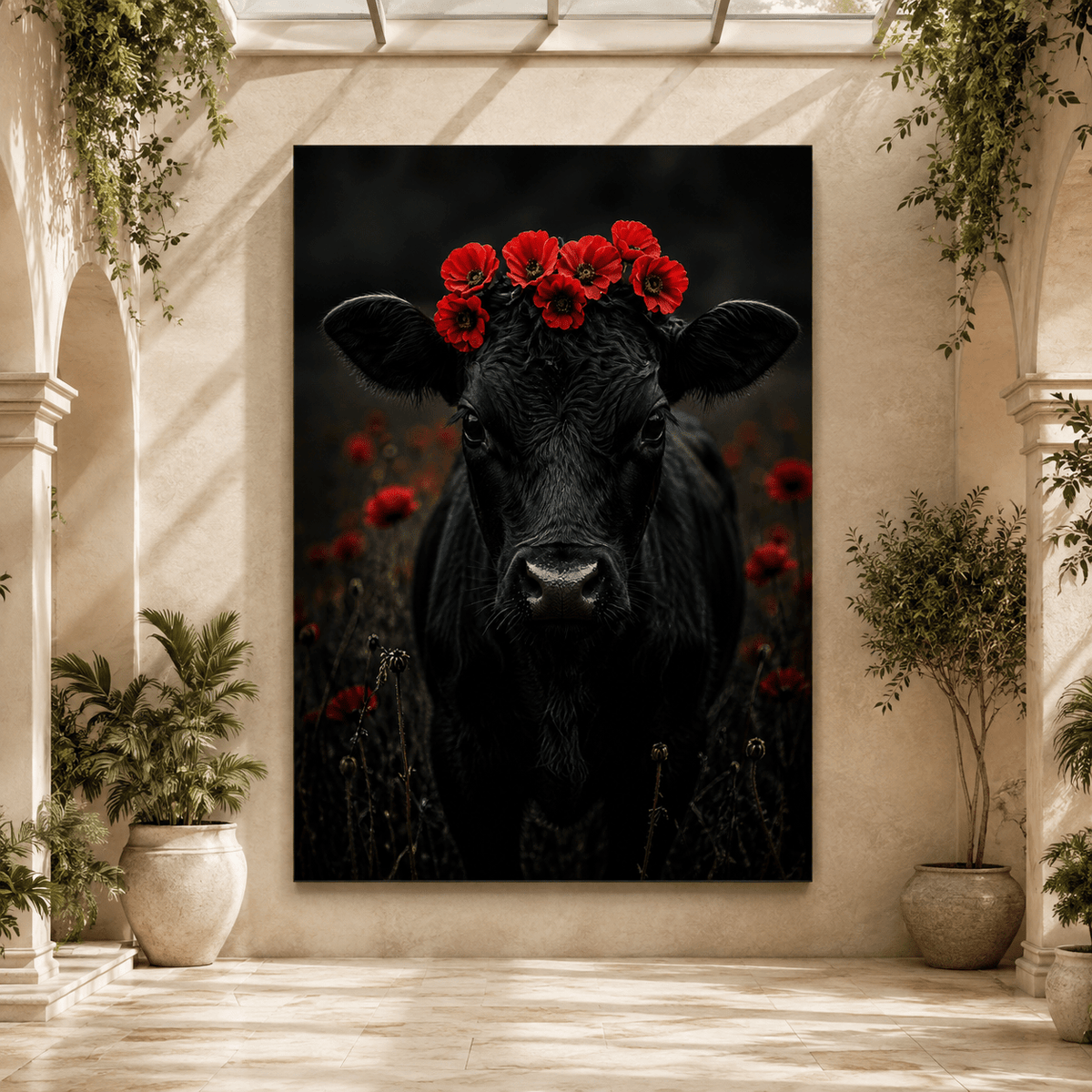 Black Cow with Poppy Flower Crown Wrapped Canvas Wall Art – Moody Floral Portrait Print - ART OF ROYALS