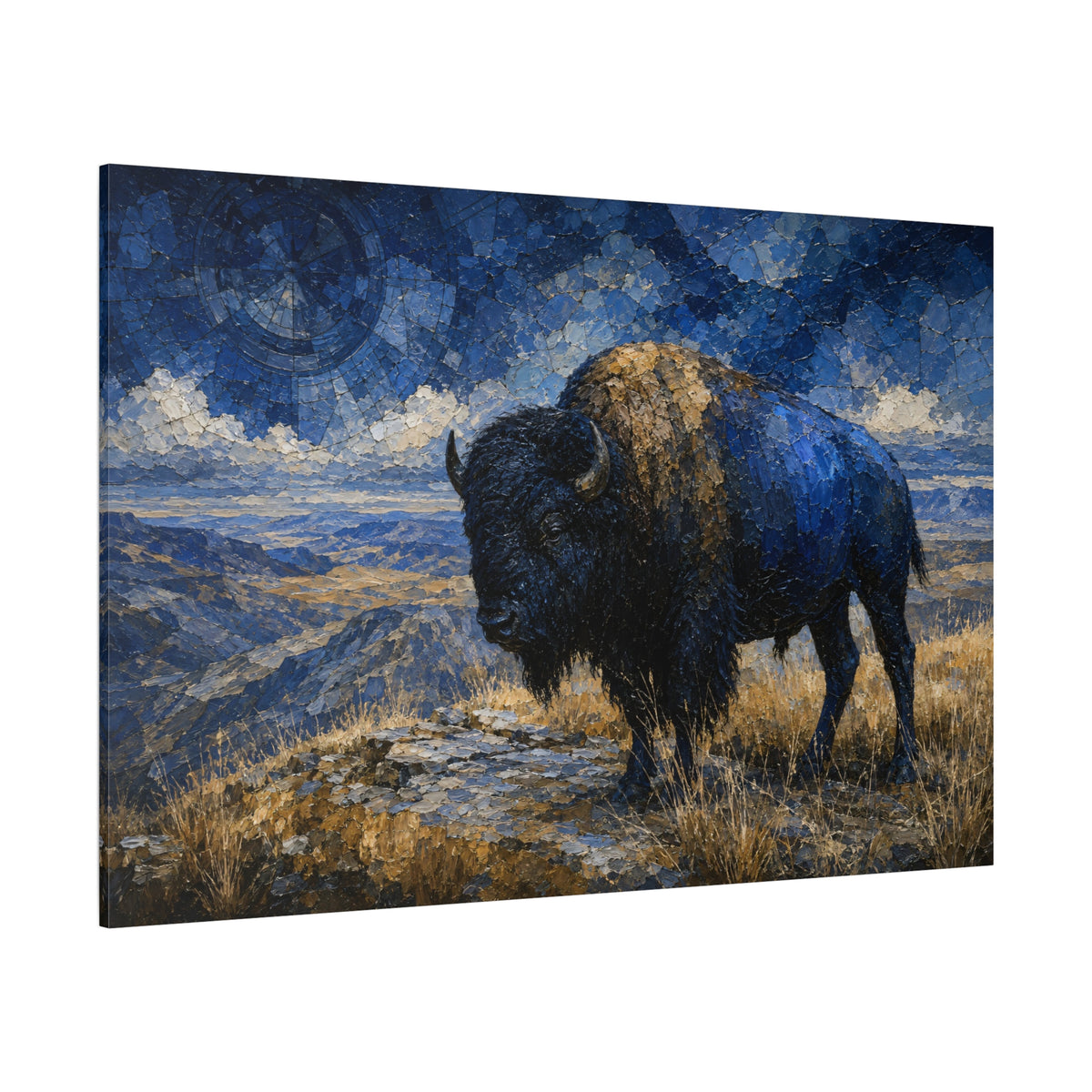 Mosaic Blue Bison Overlook Wrapped Canvas Wall Art – Mystical Gemstone Landscape Print - ART OF ROYALS
