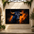 Blue Bull with Golden Horns Wrapped Canvas Wall Art – Dramatic Fire & Western Cattle Print