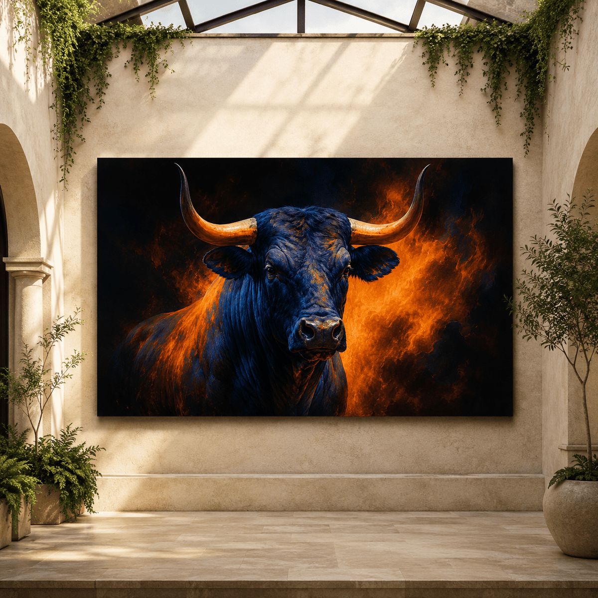 Blue Bull with Golden Horns Wrapped Canvas Wall Art – Dramatic Fire & Western Cattle Print - ART OF ROYALS