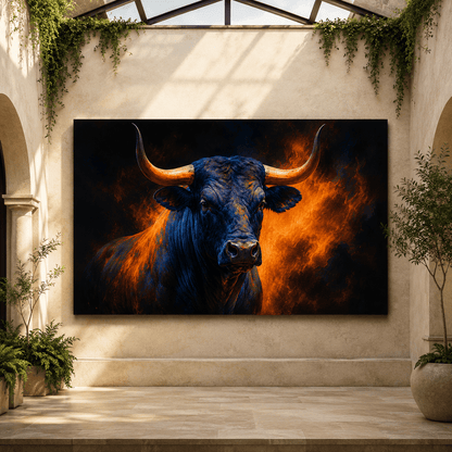 Blue Bull with Golden Horns Wrapped Canvas Wall Art – Dramatic Fire & Western Cattle Print - ART OF ROYALS