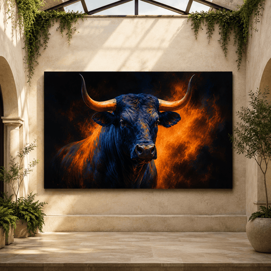 Blue Bull with Golden Horns Wrapped Canvas Wall Art – Dramatic Fire & Western Cattle Print - ART OF ROYALS