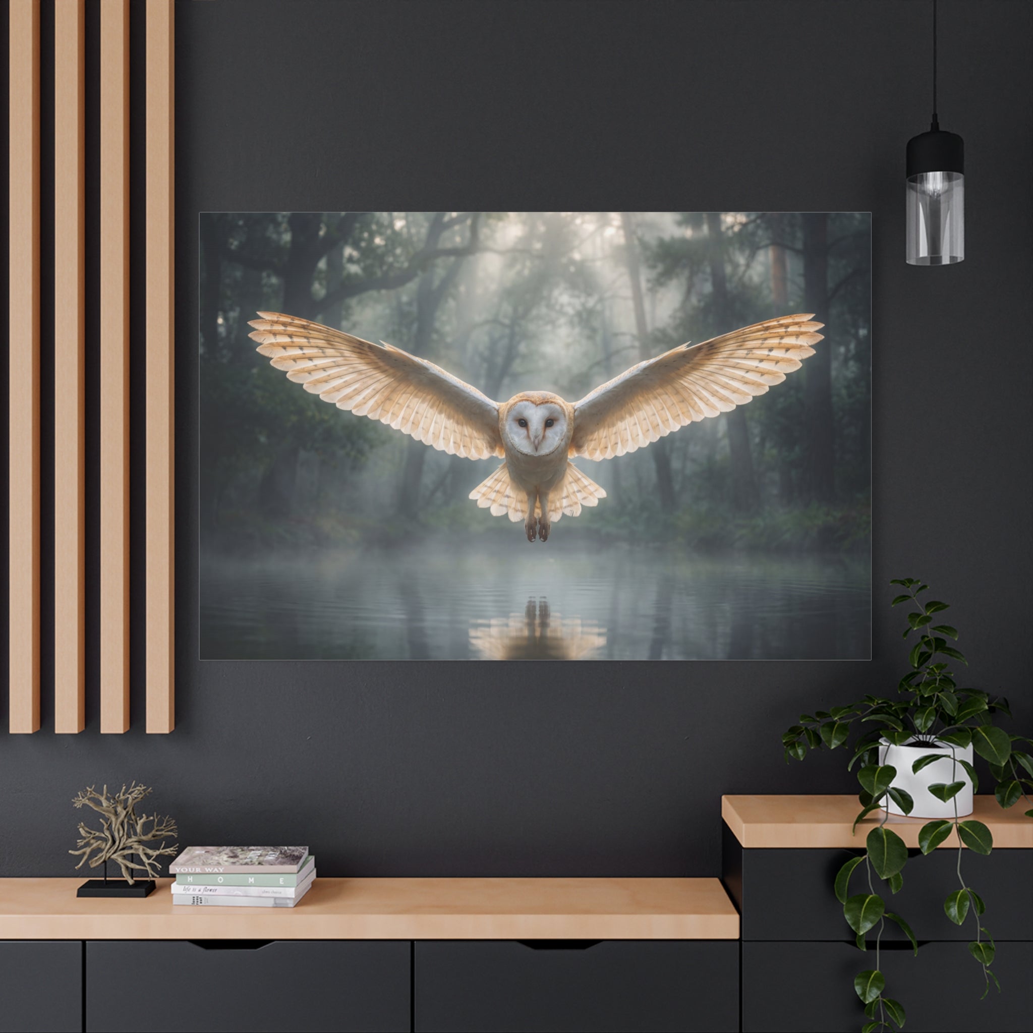 Barn owl canvas wall art in misty woodland setting for cabin decor
