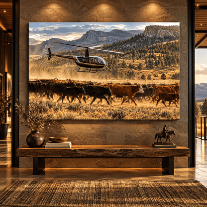 Helicopter Cattle Mustering Wrapped Canvas Wall Art – Ranch Herding Western Landscape Print - ART OF ROYALS