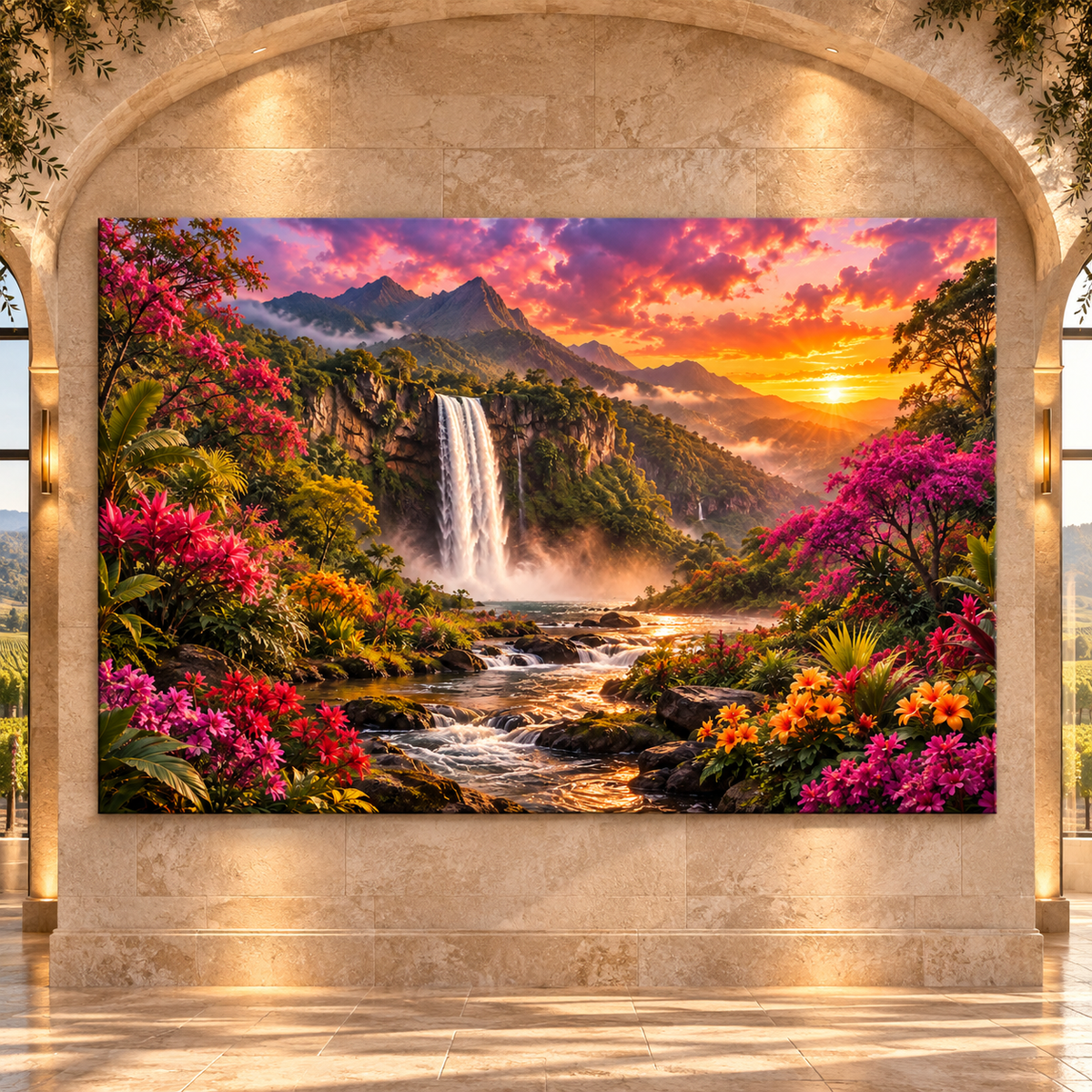 Tropical Waterfall at Sunset Wrapped Canvas Wall Art – Colorful Mountain Paradise Landscape - ART OF ROYALS
