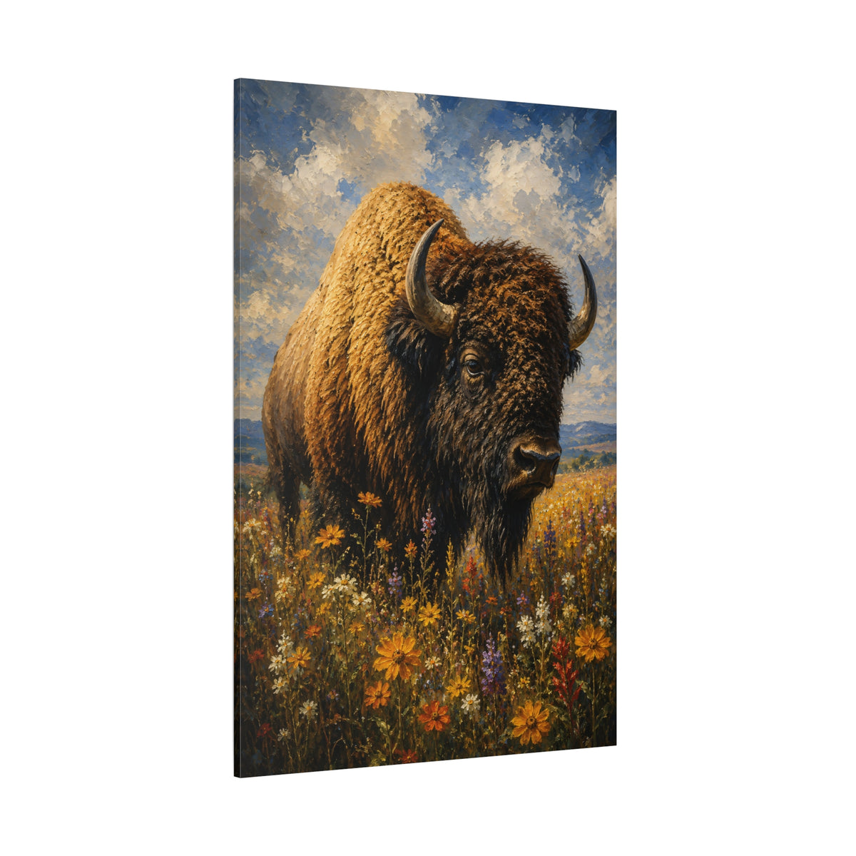 Impressionist Bison in Wildflowers Wrapped Canvas Wall Art – Peaceful Meadow Oil Painting Print - ART OF ROYALS