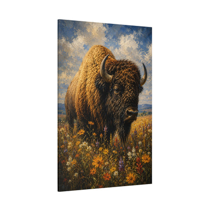 Impressionist Bison in Wildflowers Wrapped Canvas Wall Art – Peaceful Meadow Oil Painting Print - ART OF ROYALS