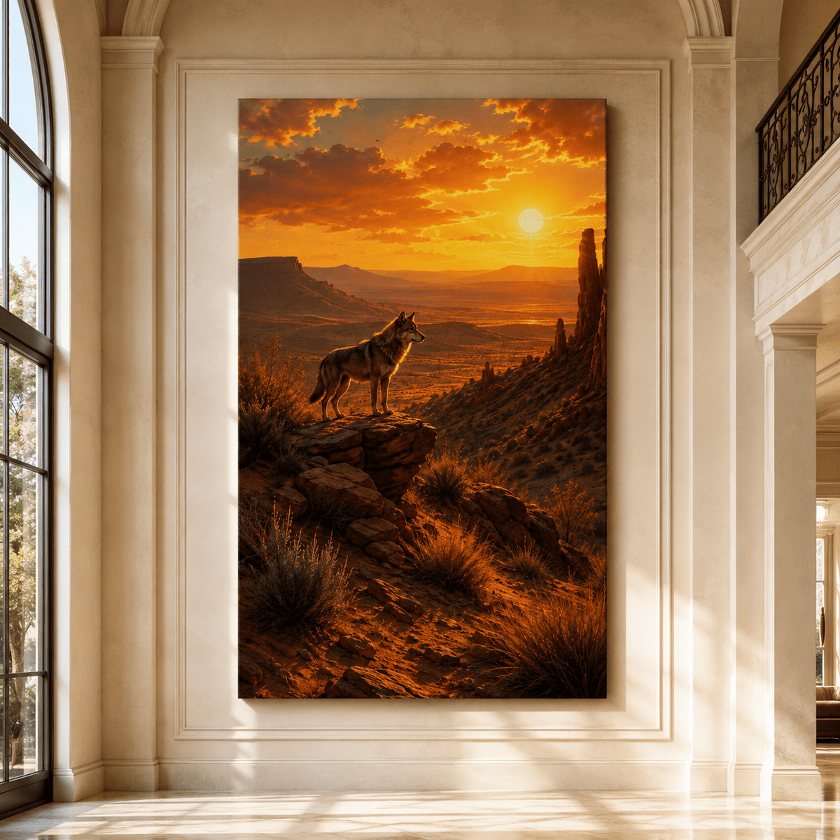Coyote Overlooking Desert Canyon at Sunset Wrapped Canvas Wall Art – Southwestern Wildlife Landscape Print - ART OF ROYALS